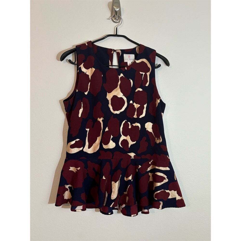 Julie Brown NYC Blouse Womens Size 8 Navy Burgundy Gold Abstract Peplum